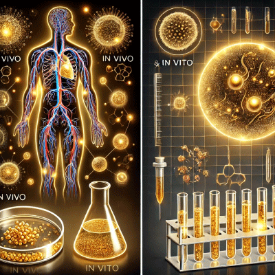 conceptual comparison between in vivo and in vitro applications of gold nanoparticles.